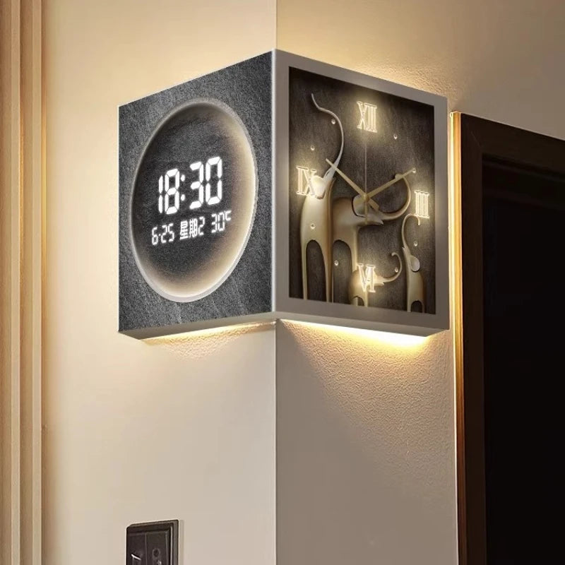 Horloge Mural Double Face Coin LED Digitale Silencieuse
