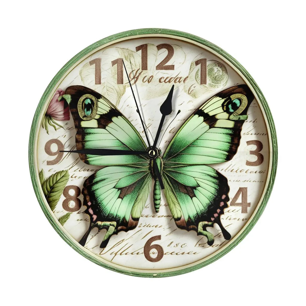 Horloge Murale Ronde Moderne Silencieuse Papillon Vert