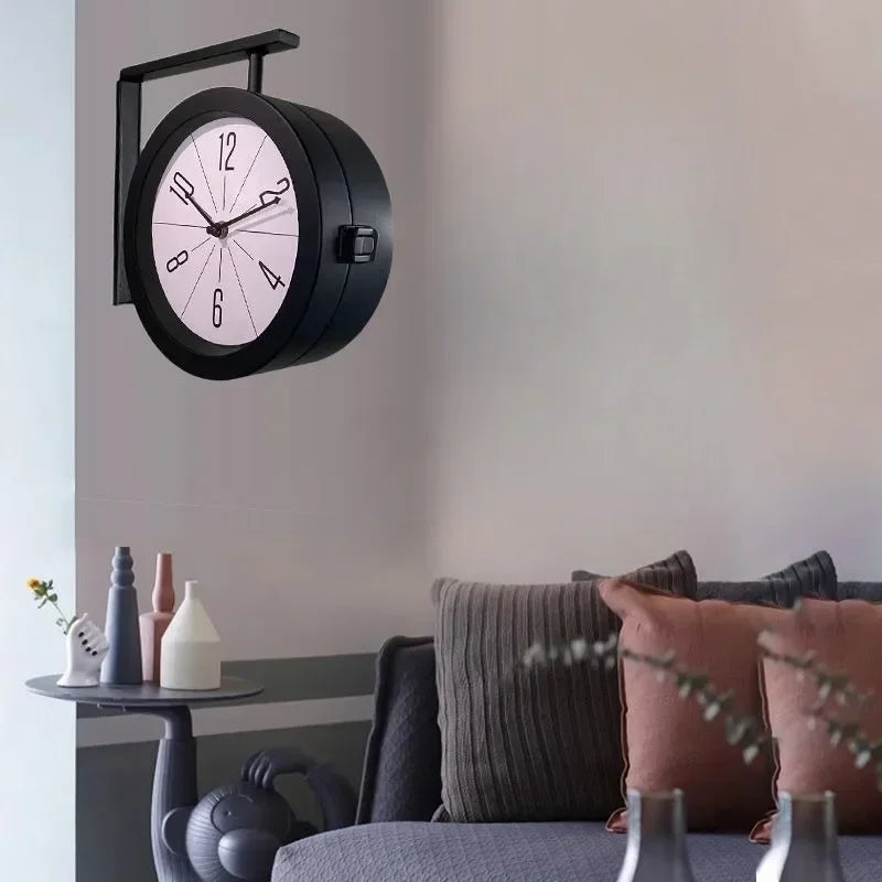 Horloge Mural Double-Face Fer Forgé Nordique Salon Silencieuse