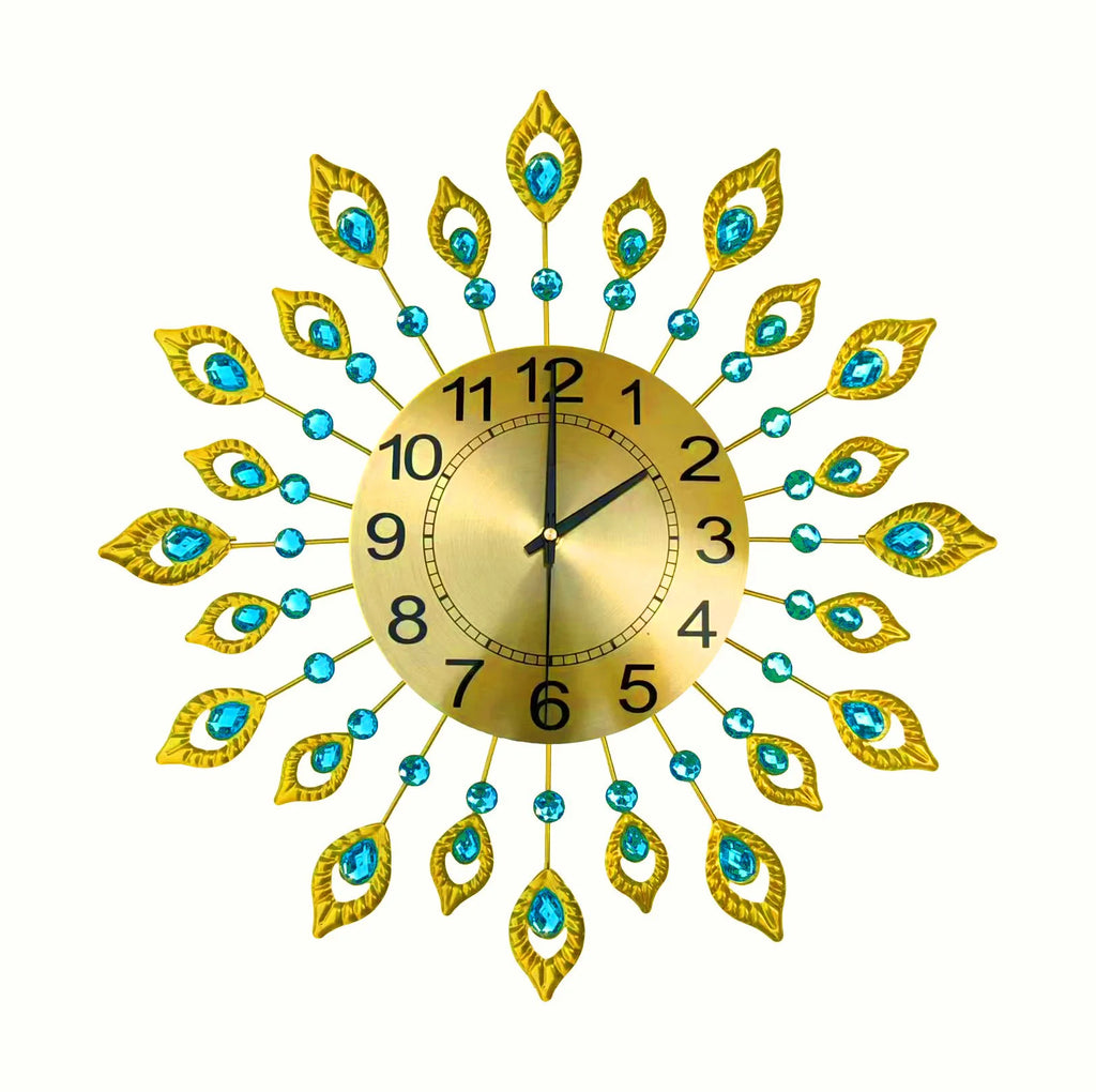 Horloge Mural Métal Luxe Paon Fleur Silencieux Quartz