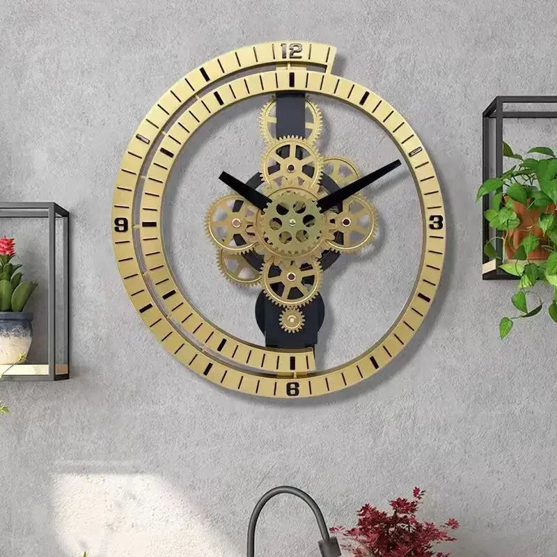 Horloge Mural Engrenages Rotatifs Silencieuse Design Industriel