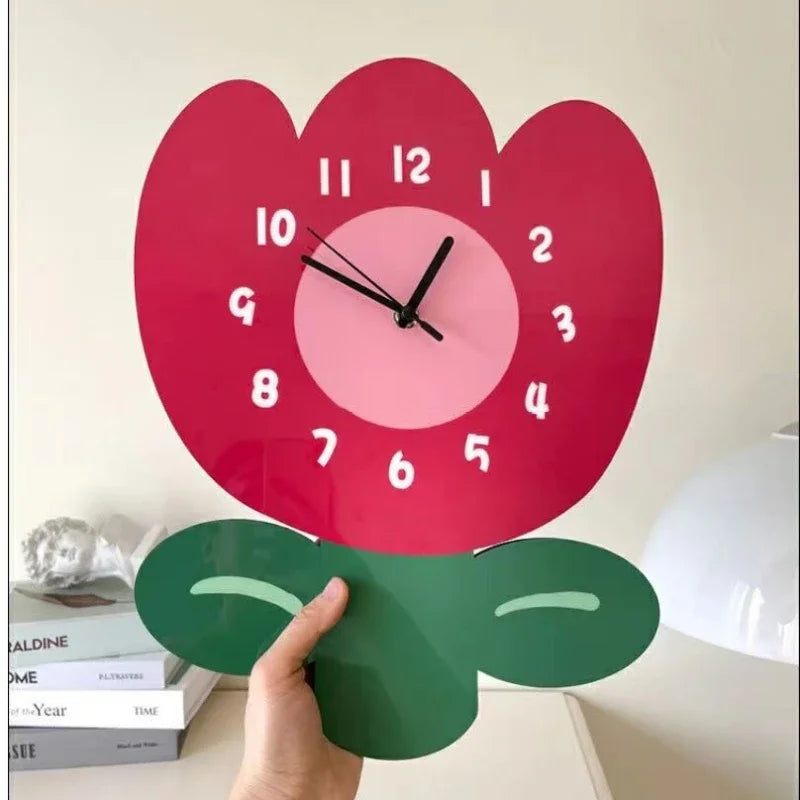 Horloge Mural Silencieuse Fleur Rose Mignonne Décoration