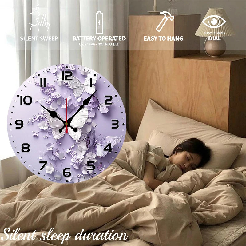 Horloge Mural Bois Ronde Silencieuse Papillons Violets