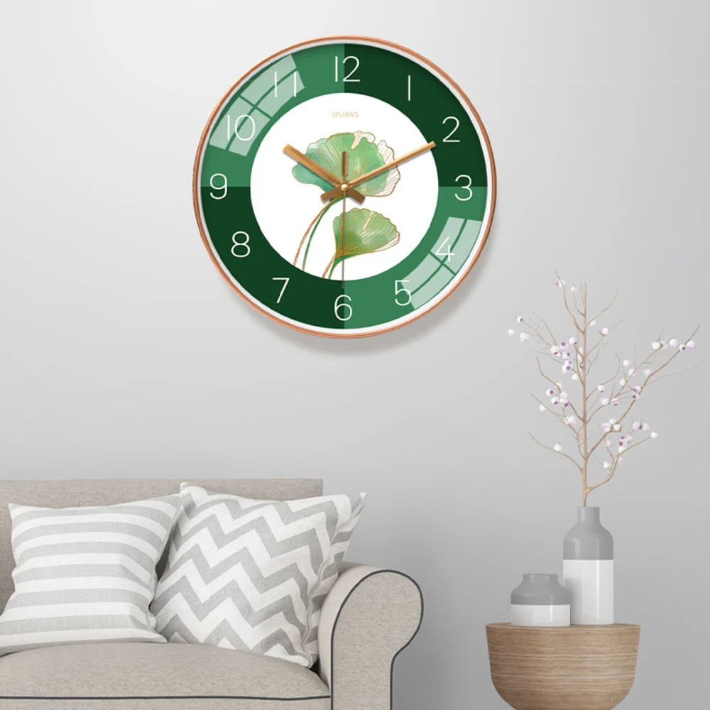 Horloge Murale Moderne Silencieuse Feuilles Vertes Salon Chambre