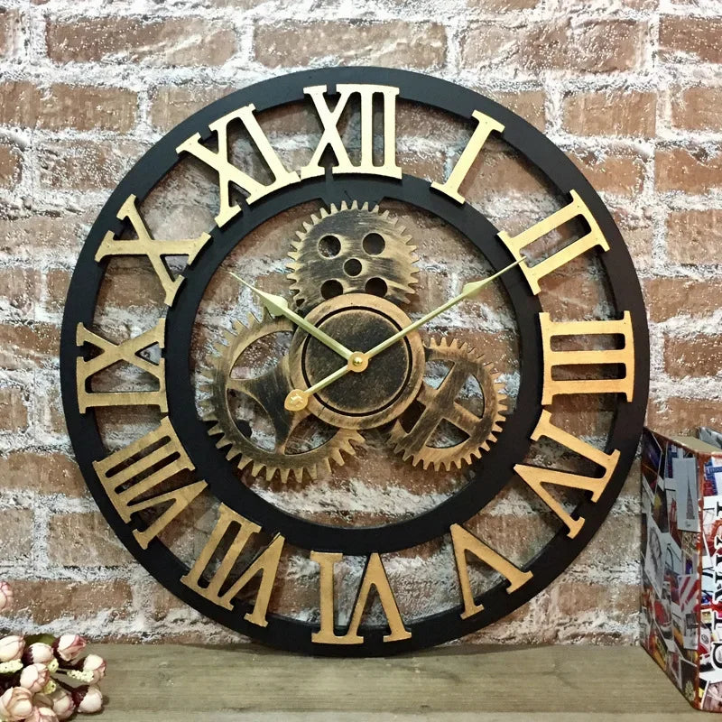 Horloge Mural Bois Engrenages Rétro 3D Silencieuse