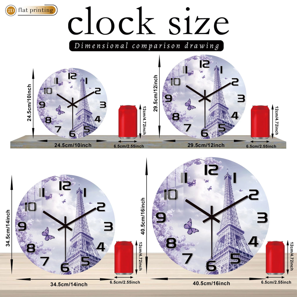 Horloge Murale Tour Eiffel Fleurs Violettes Parisienne Romantique.