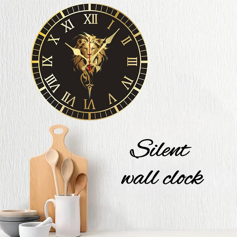 Horloge Mural Lion Doré Romain Bois Silencieuse