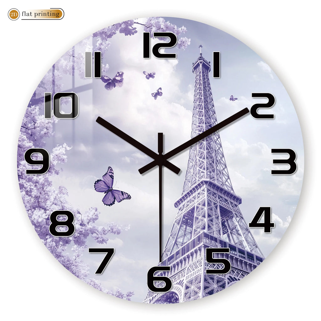 Horloge Murale Tour Eiffel Fleurs Violettes Parisienne Romantique.