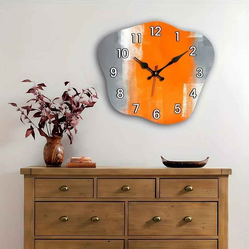 Horloge Mural Alien Abstraite Bois Silencieuse Gris Orange