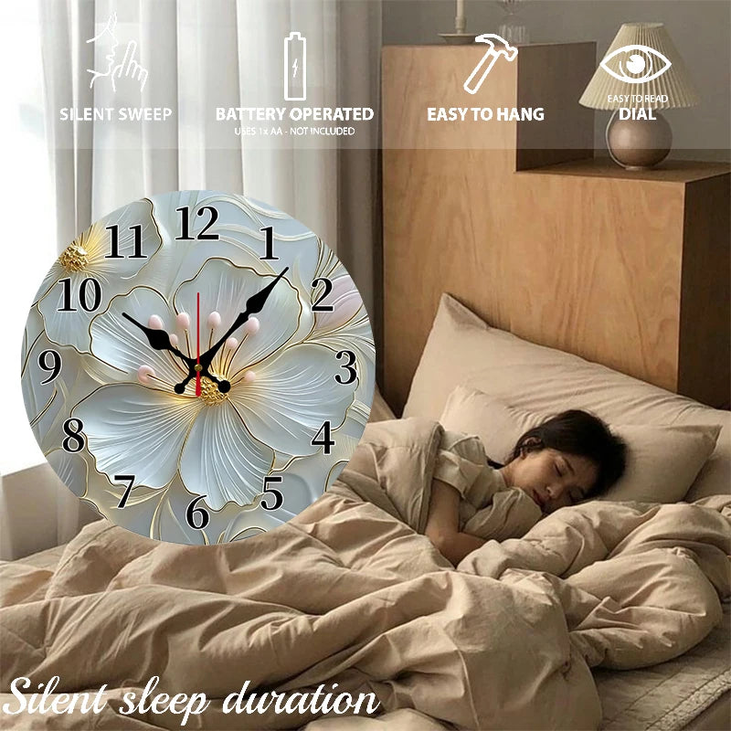 Horloge Mural Ronde Florale Rose Or Bois Silencieuse