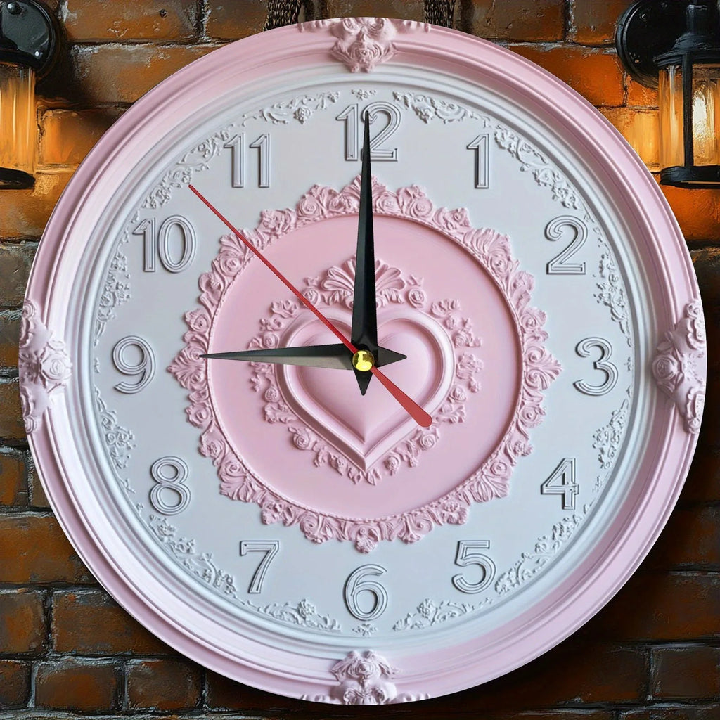 Horloge Mural Bois Rose Cœur Déco Murale