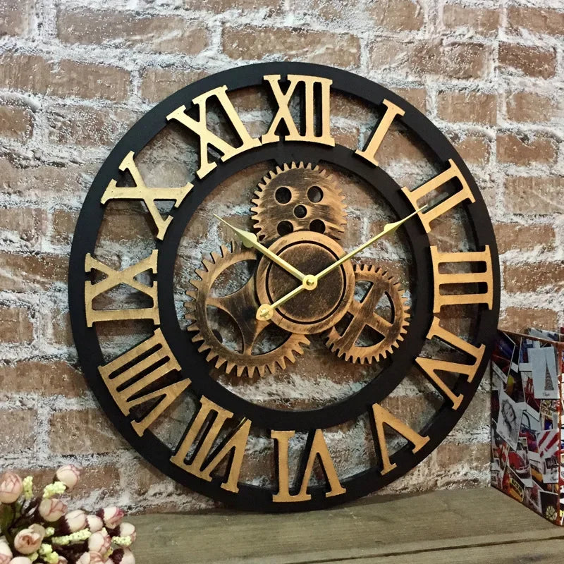 Horloge Mural Bois Engrenages Rétro Silencieuse 3D
