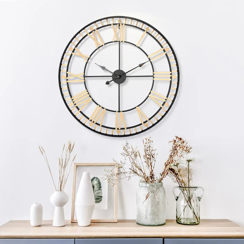 Horloge Murale Géante Rétro Métal Chiffres Romains Silencieuse