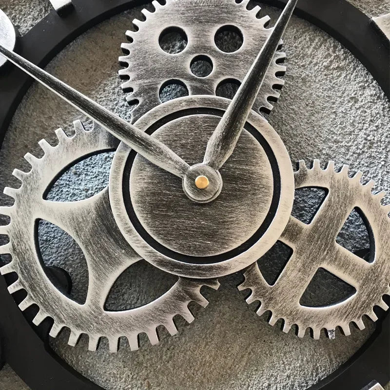 Horloge Murale Industrielle Vintage Engrenages Bois Silencieuse