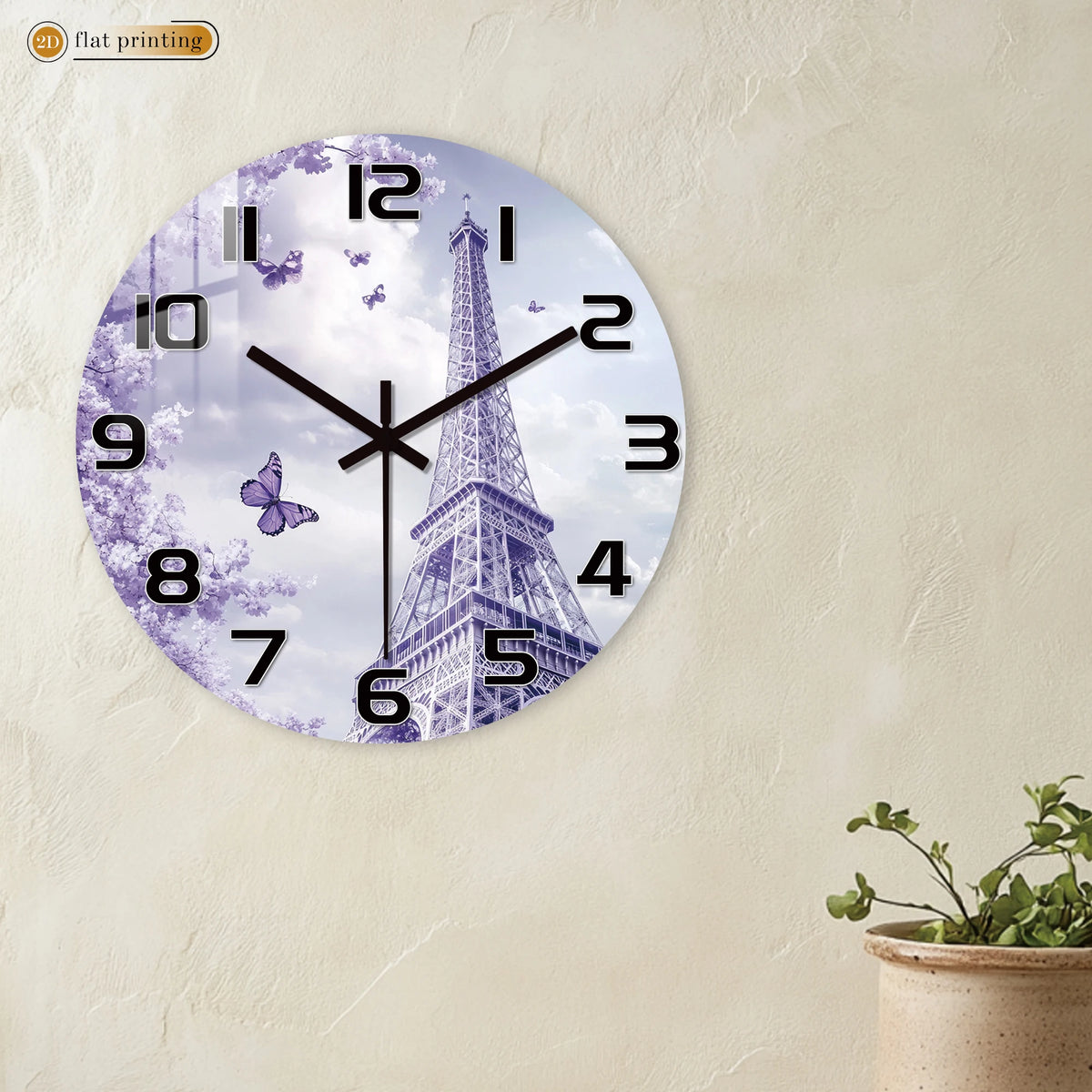 Horloge Murale Tour Eiffel Fleurs Violettes Parisienne Romantique.