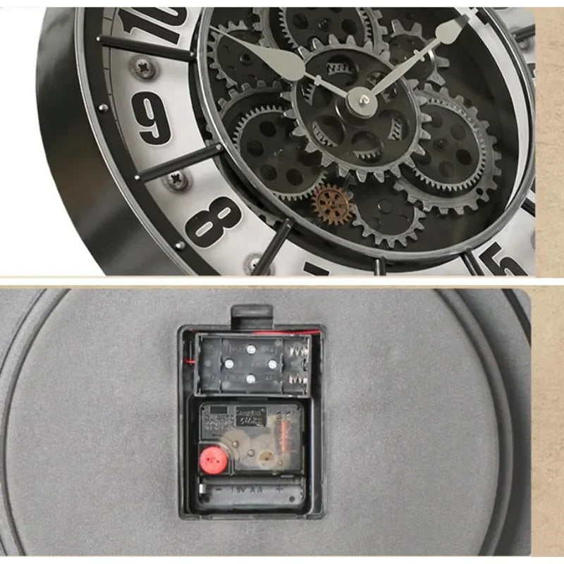 Horloge Mural Industrielle Vintage Engrenages 3D Silencieuse Déco