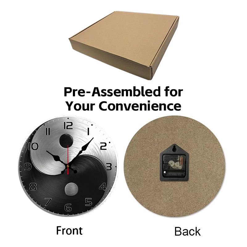 Horloge Mural Ronde Yin Yang Bois Métal Silencieuse