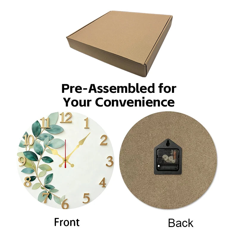 Horloge Mural Bois Ronde Silencieuse Feuille Verte Déco.