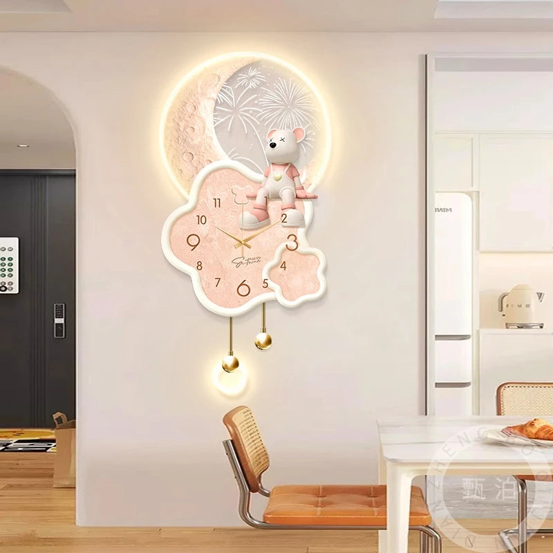 Horloge Mural Ours Cartoon Crème LED Silencieuse Salon