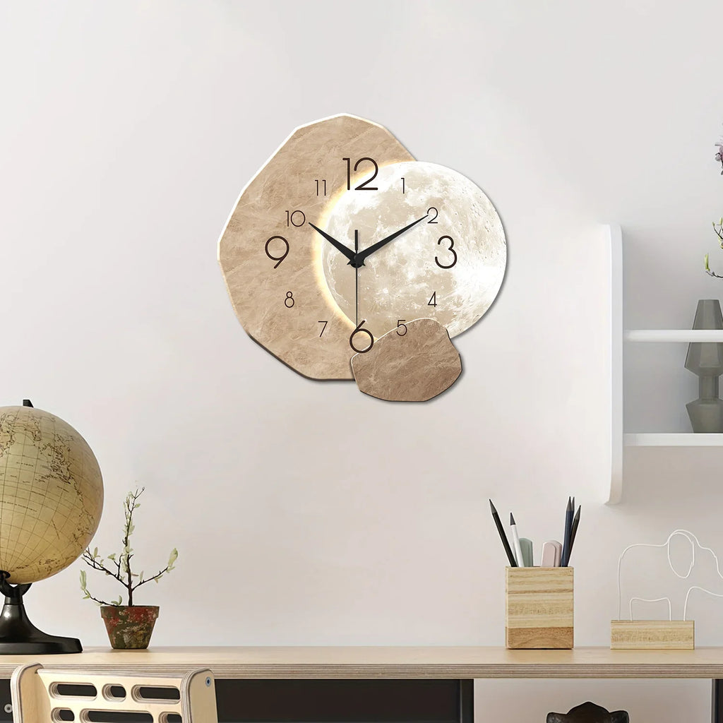 Horloge Mural Moderne Silencieuse Bois Lune Quartz
