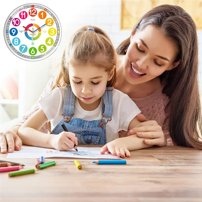 Horloge Mural Enfant Silencieuse Colorée Éducative Décorative