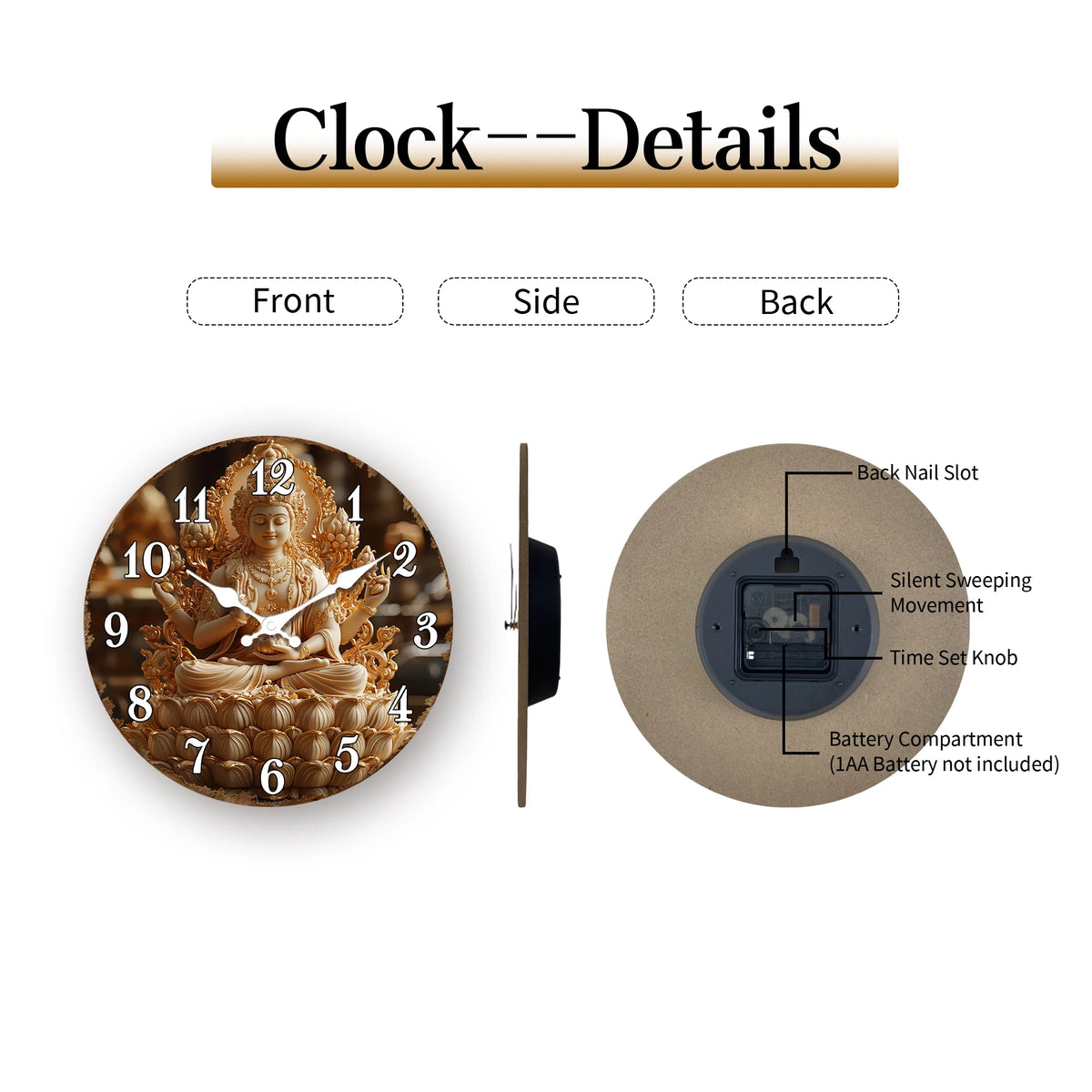 Horloge Murale Bouddha Doré Vintage Silencieuse Méditation