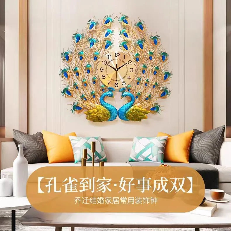 Horloge Murale Double Paon Coloré Luxe Salon Silencieuse