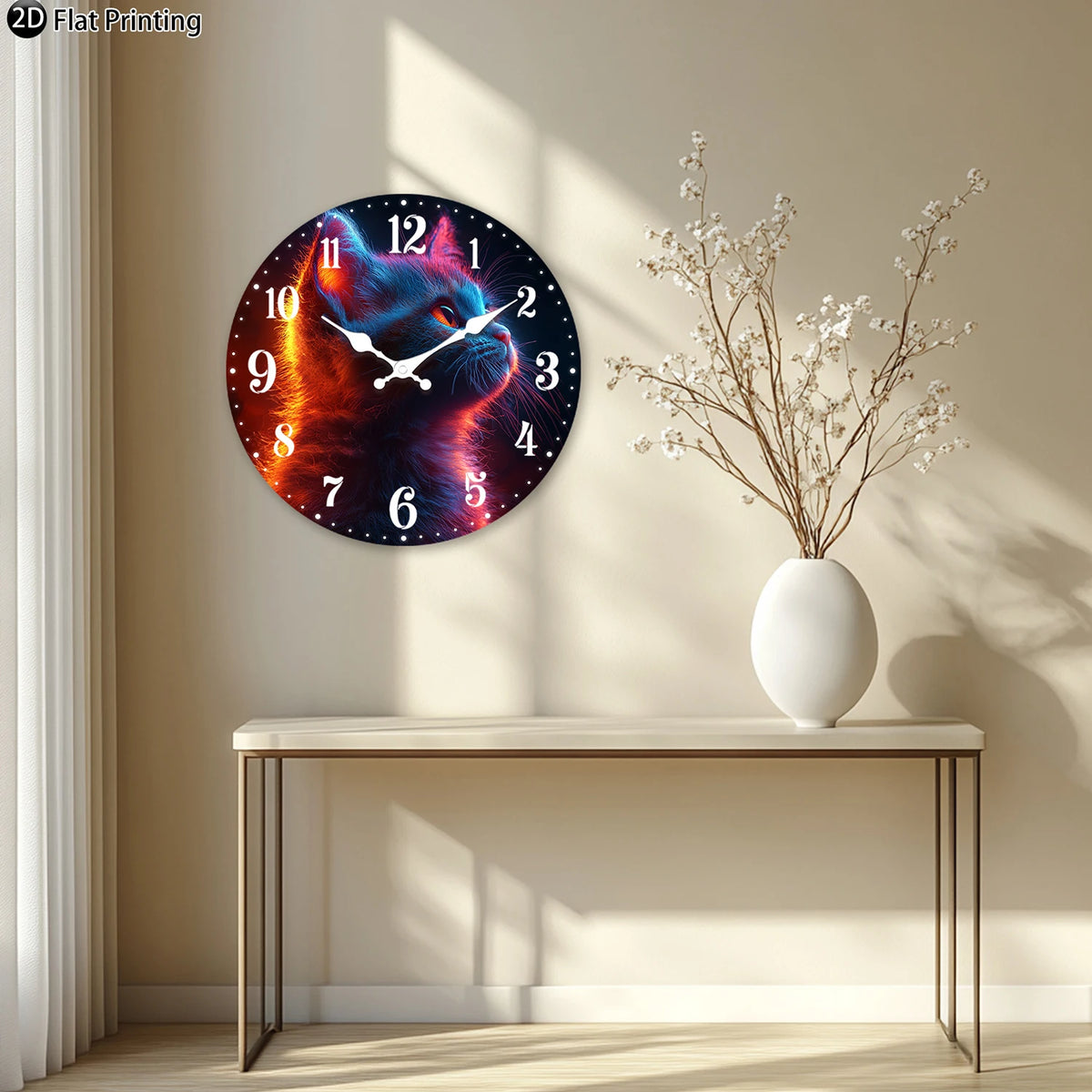 Horloge Murale Bois Silencieuse Chat Néon Lumineux