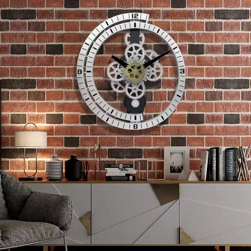Horloge Mural Engrenages Rotatifs Silencieuse Design Industriel