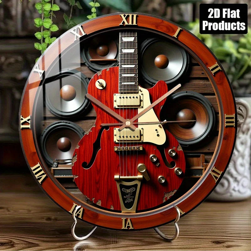 Horloge Murale Guitare Électrique Rouge Design Silencieuse