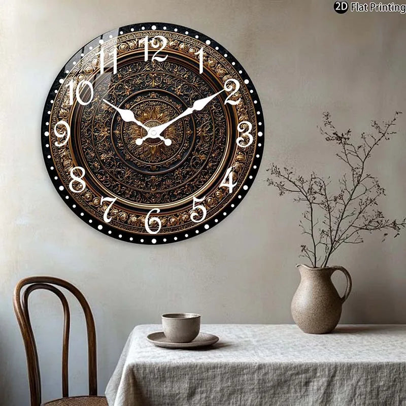 Horloge Murale Bois Silencieuse Or Quartz Motifs Détaillés