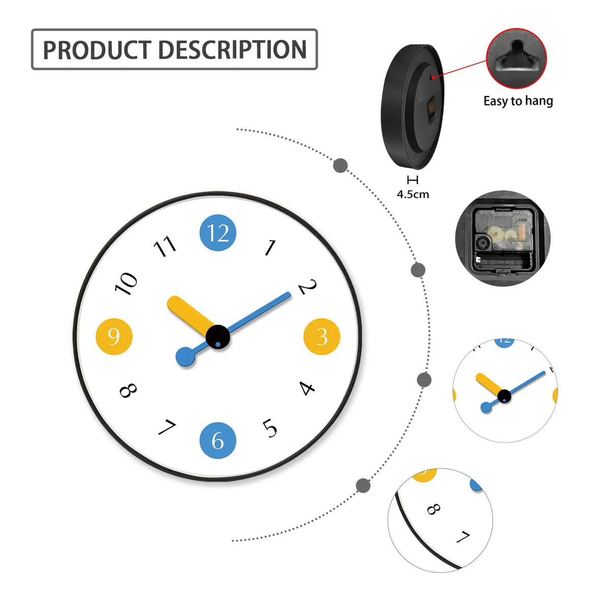 Horloge Murale Silencieuse Colorée Simple Mignonne Ronde.