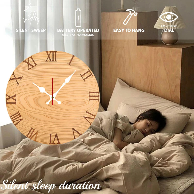 Horloge Mural Bois Pin Chiffres Romains Silencieuse Décoration