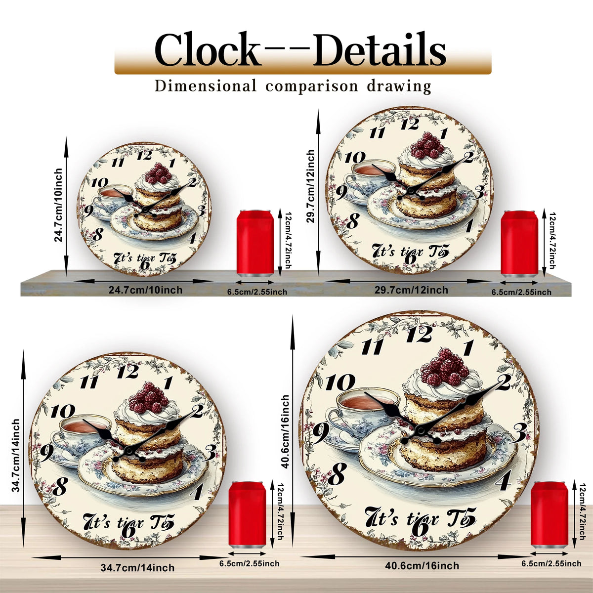 Horloge Murale Ronde Vintage Gâteau Thé Illustrée