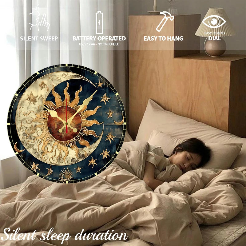 Horloge Mural Céleste Bois Soleil Lune Silencieuse Décoration