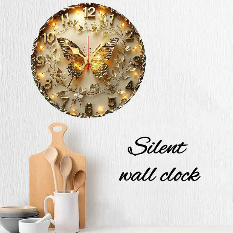 Horloge Mural Ronde Bois Papillon Doré Silencieuse Déco