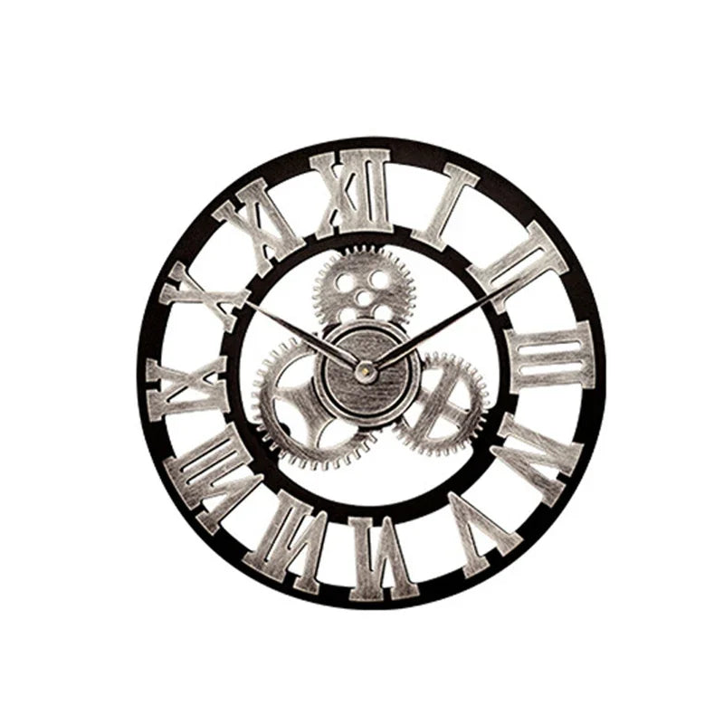 Horloge Murale Industrielle Vintage Engrenages Bois Silencieuse
