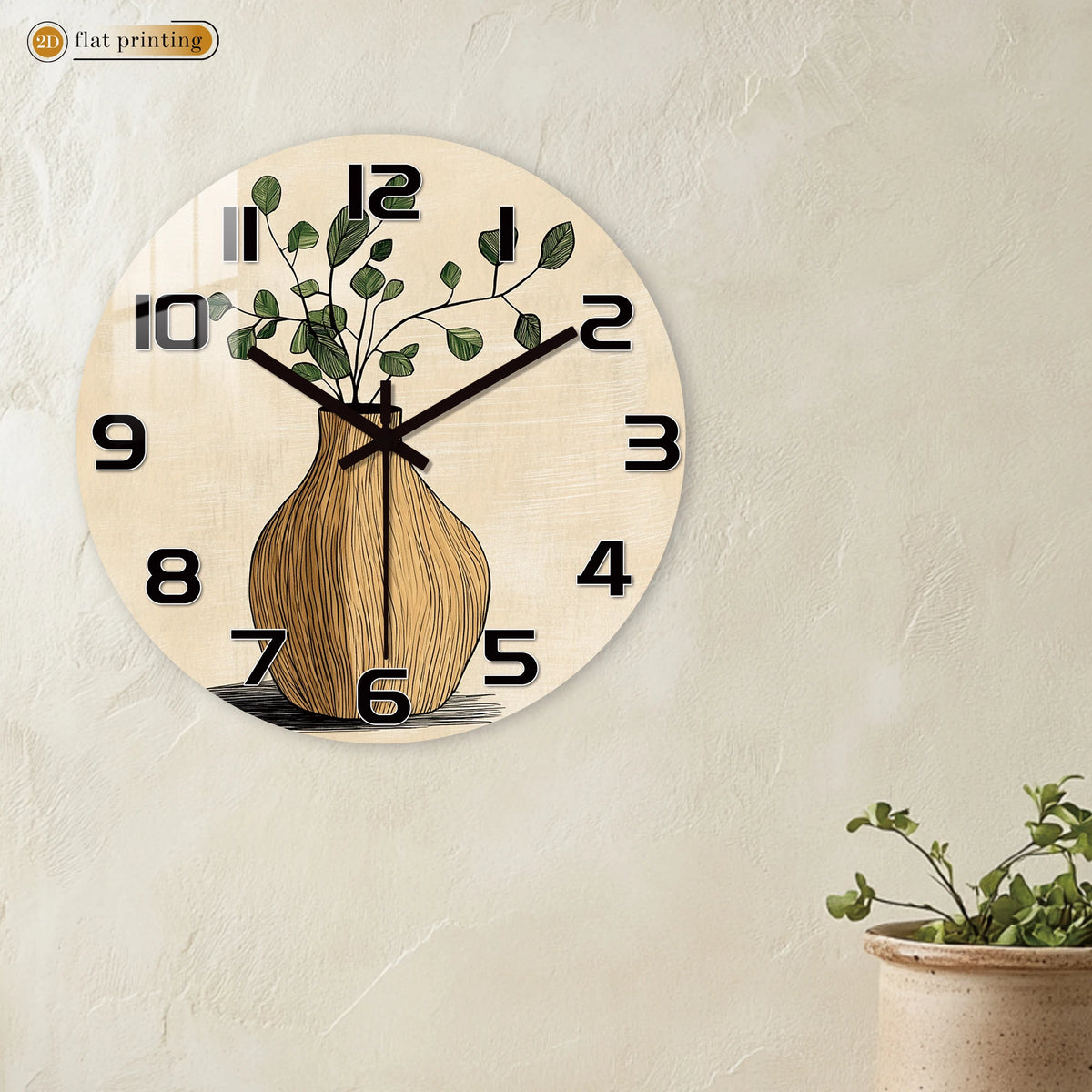 Horloge Mural Botanique Plante Verte Vase Bois Décorative