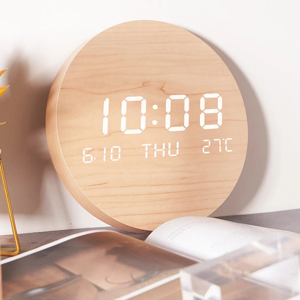 Horloge Murale LED Digitale Bois Moderne