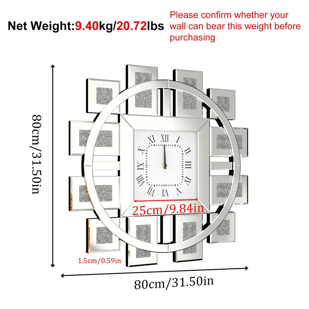 Horloge Murale Grande Miroir Diamants Scintillants Argent Doré