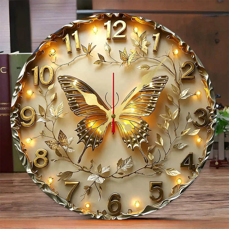 Horloge Mural Ronde Bois Papillon Doré Silencieuse Déco