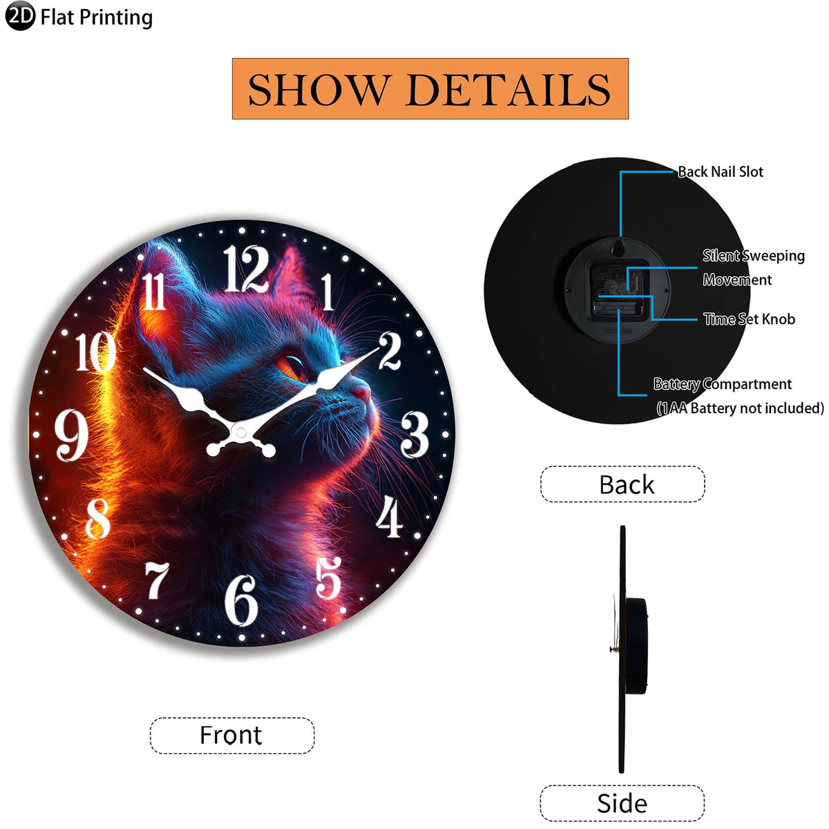 Horloge Murale Bois Silencieuse Chat Néon Lumineux