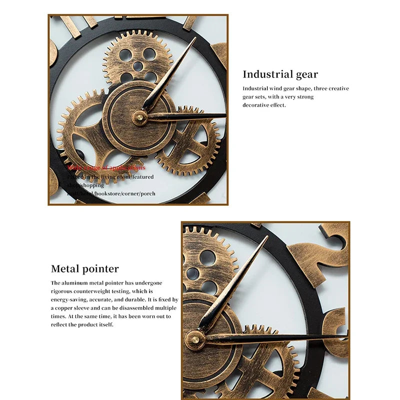 Horloge Mural Industrielle Rétro Engrenages Silencieuse Décoration Maison