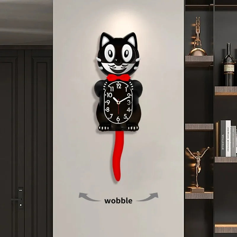 Horloge Mural Chat Noir Design Silencieuse Queue Balancante