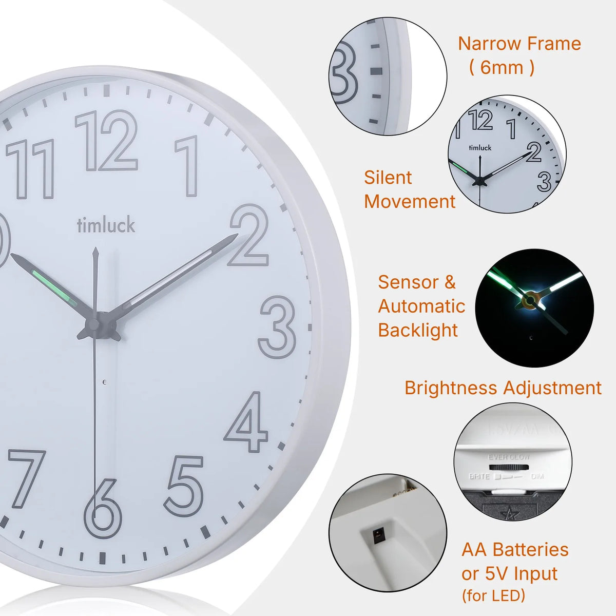 Horloge Mural LED Silencieuse Lumineuse Automatique Réglable.