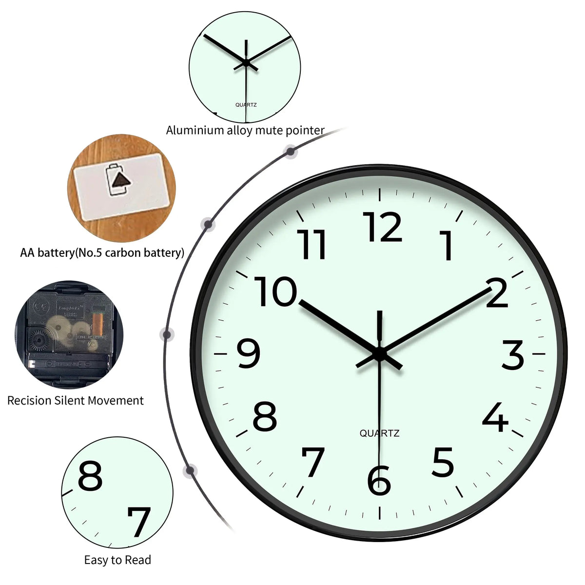 Horloge Mural Ronde Quartz Vert Clair Minimaliste