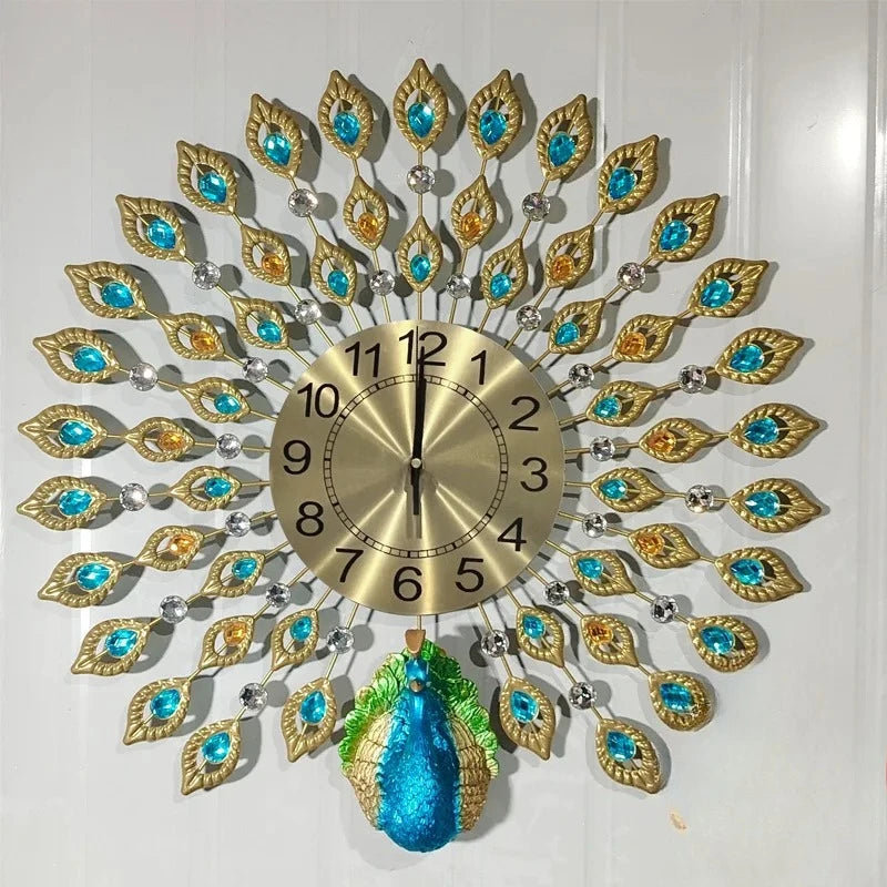 Horloge Mural Métal Luxe Paon Fleur Silencieux Quartz