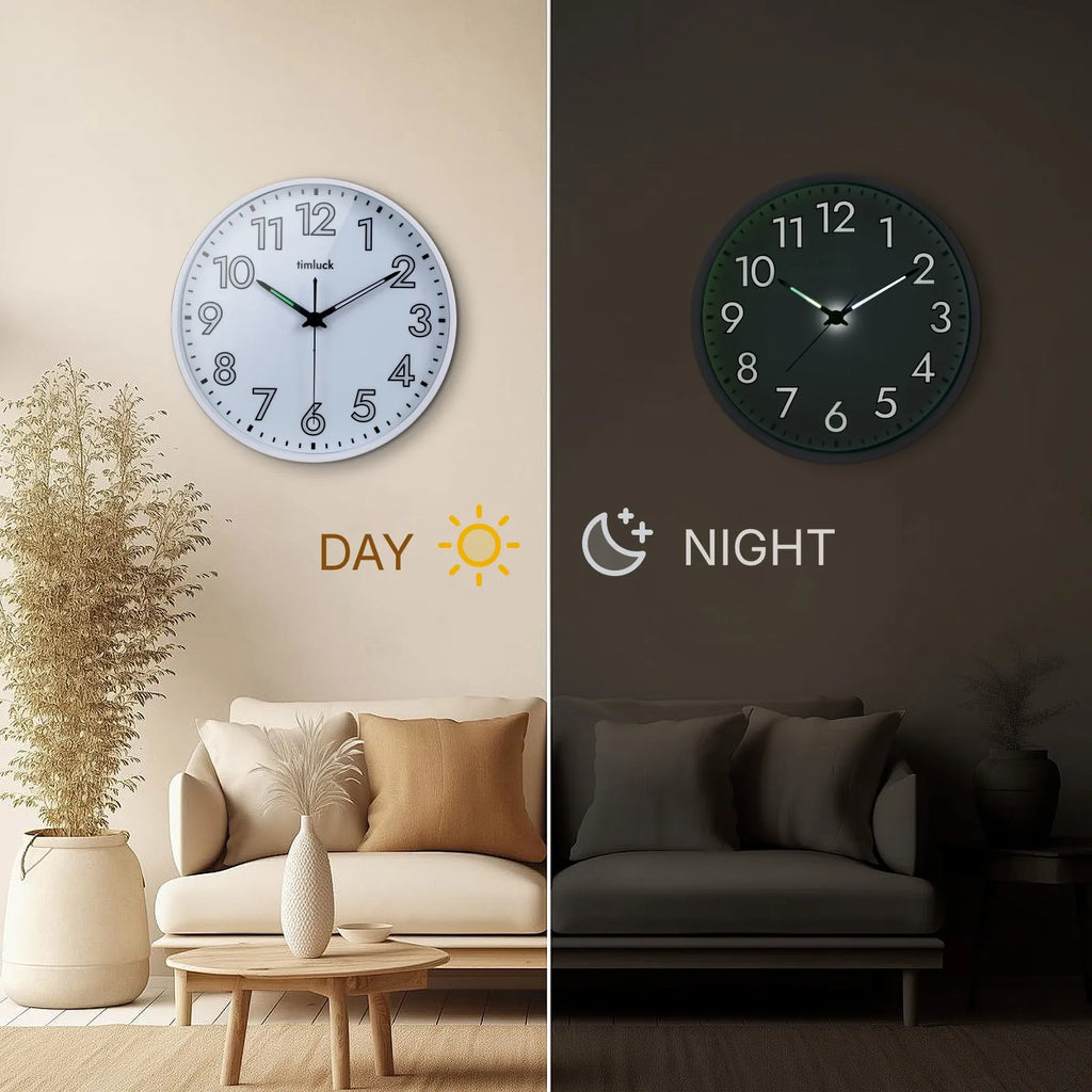 Silent Non-ticking LED Wall Clock with Light Sensor, Auto-Illuminated Numbers & Hands, Adjustable Brightness, Non-Fluorescent