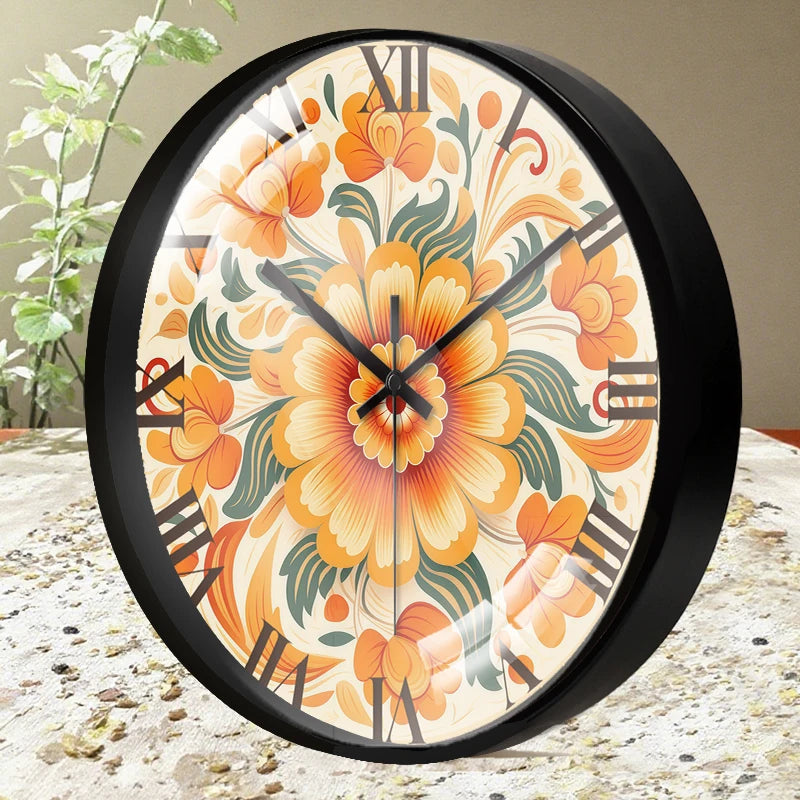 Horloge Murale Vintage Orange Florale Silencieuse Chambre Enfant
