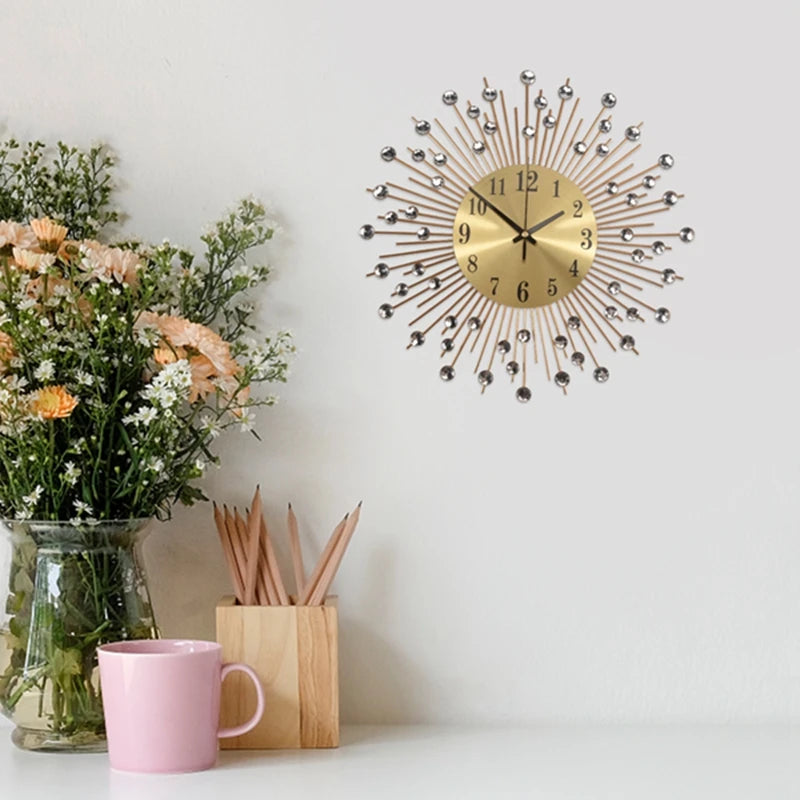 Horloge Mural Diamants Doré Métal Silencieuse Moderne Salon